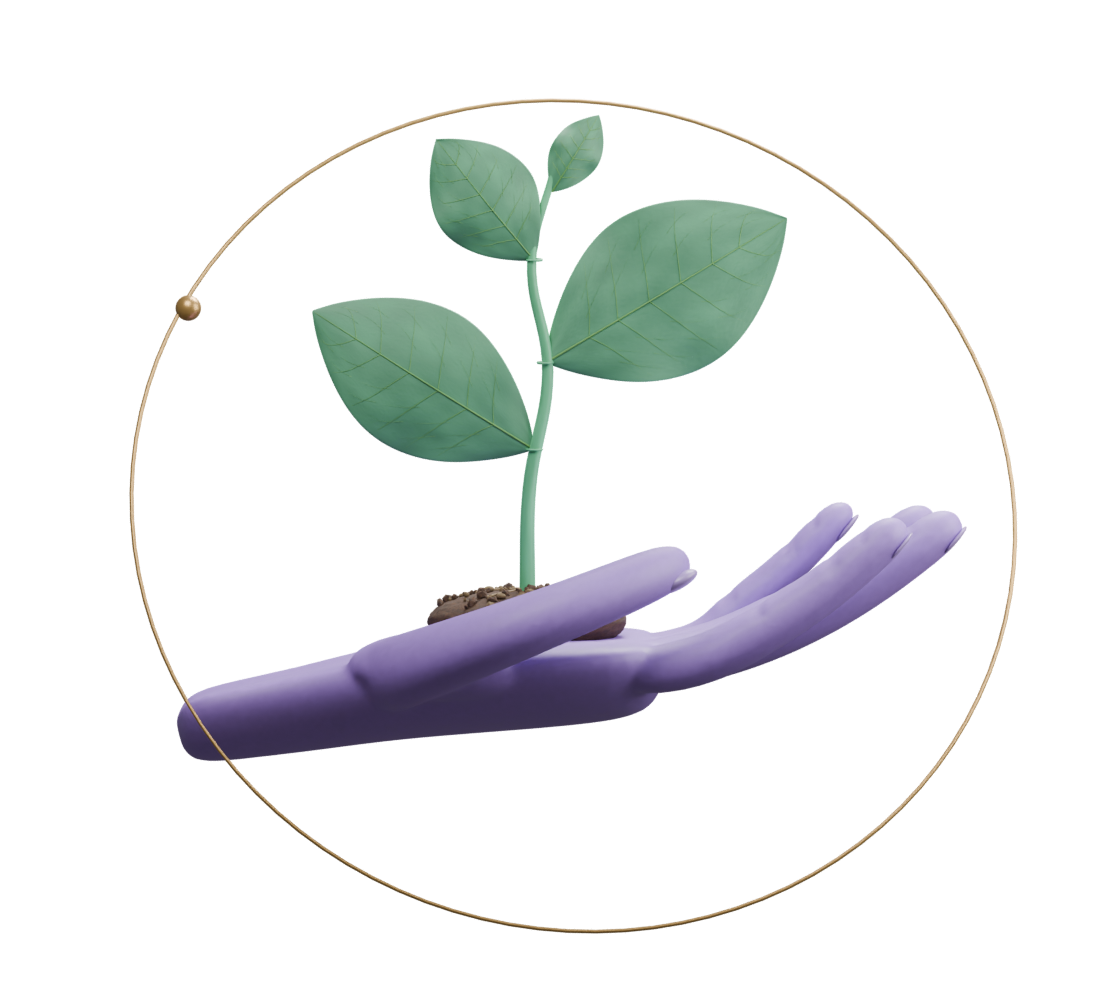 A purple hand holding an emerald plant inside a golden orbit